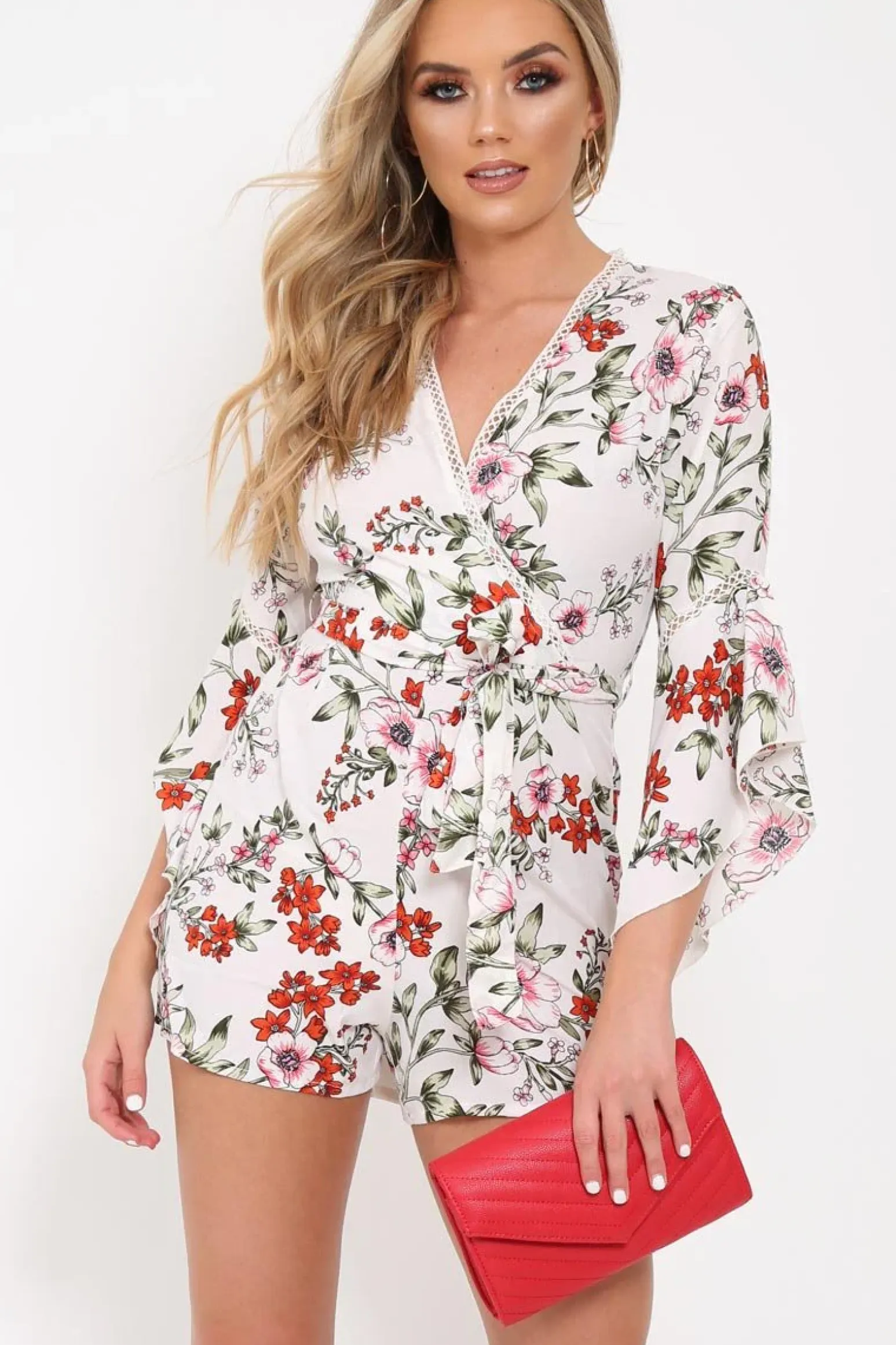 Rebellious Fashion White Floral Kimono Sleeve Playsuit - Altaira