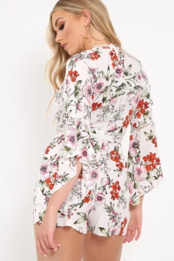 Rebellious Fashion White Floral Kimono Sleeve Playsuit - Altaira