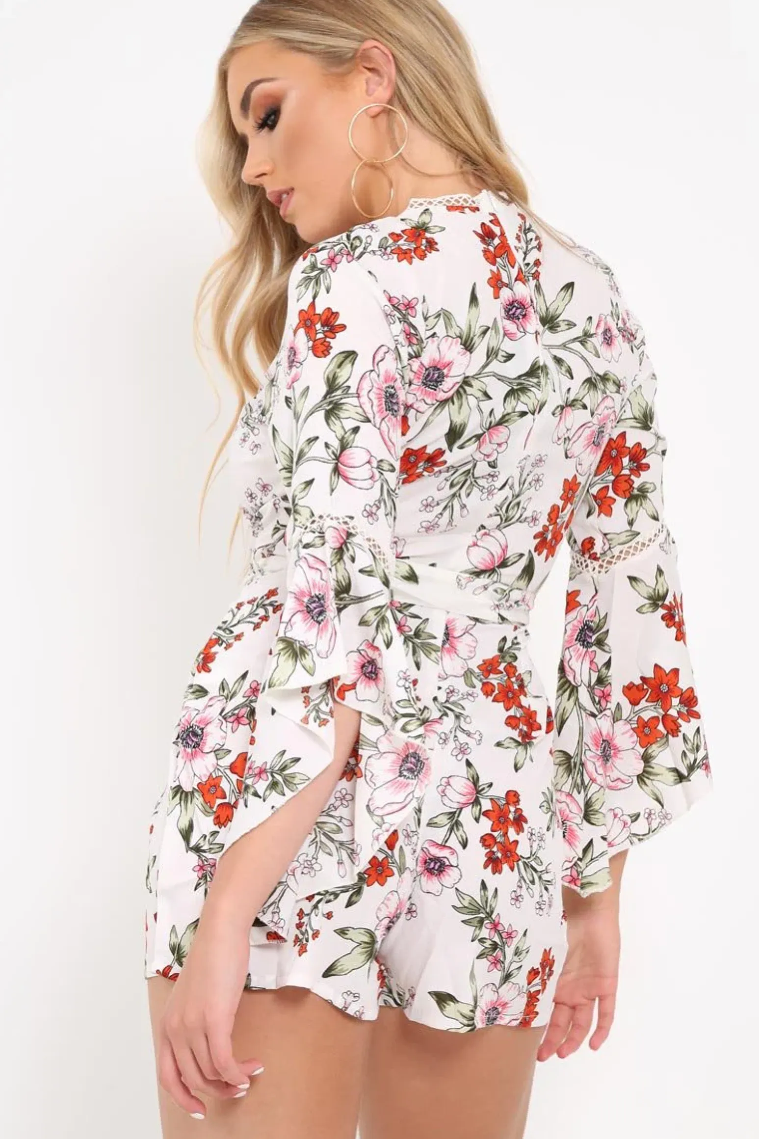 Rebellious Fashion White Floral Kimono Sleeve Playsuit - Altaira