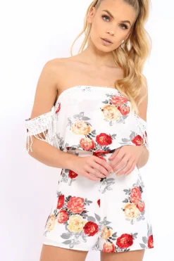 Rebellious Fashion White Floral Lace Trim Playsuit - Tamika