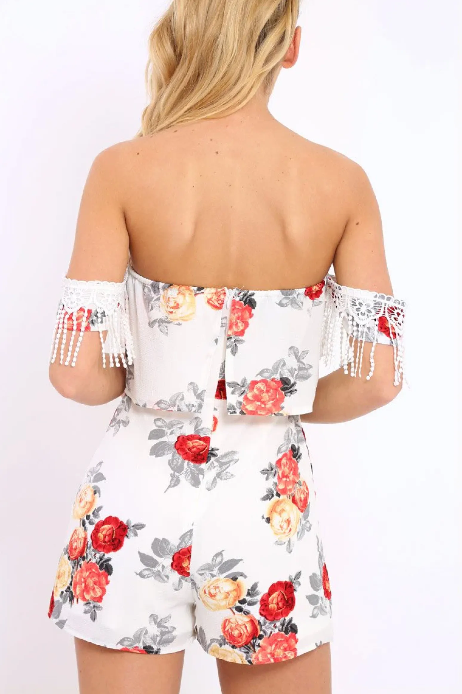 Rebellious Fashion White Floral Lace Trim Playsuit - Tamika