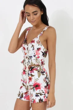 Rebellious Fashion White Floral Lace Up Two Piece - Mica
