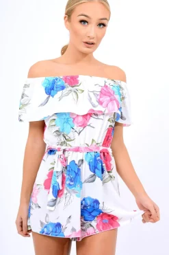 Rebellious Fashion White Floral Off Shoulder Playsuit - Tillie