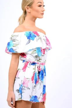 Rebellious Fashion White Floral Off Shoulder Playsuit - Tillie
