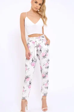 Rebellious Fashion White Floral Paper Bag Tie Waist Cigarette Trousers - Jana