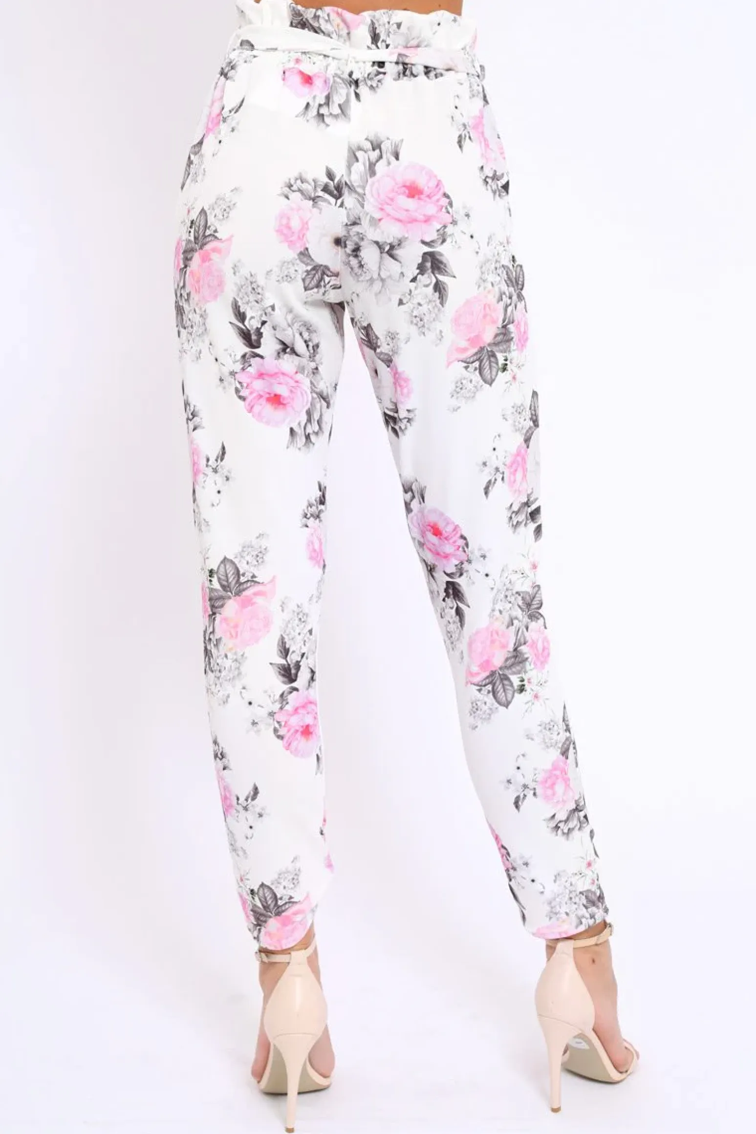 Rebellious Fashion White Floral Paper Bag Tie Waist Cigarette Trousers - Jana
