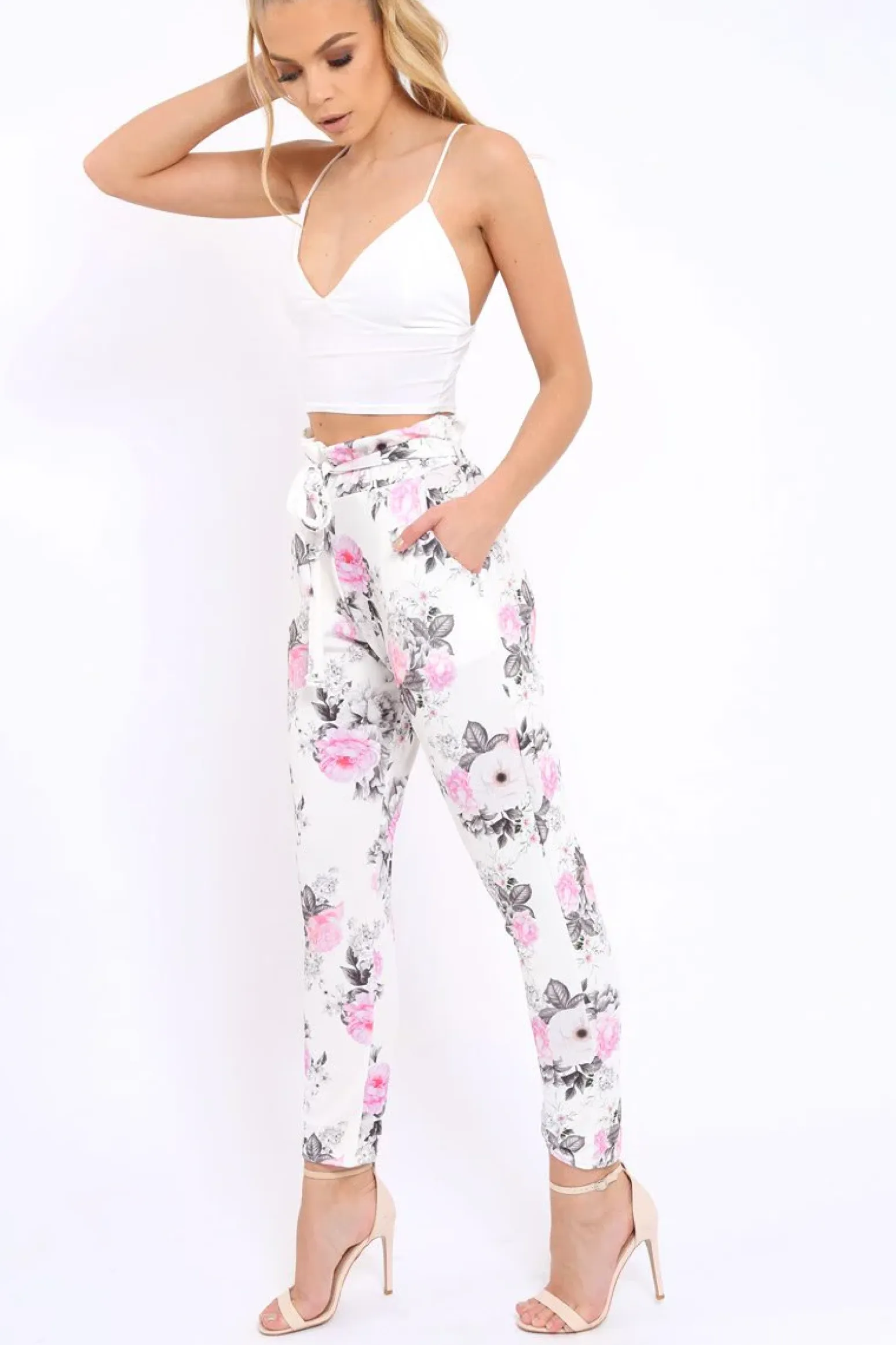 Rebellious Fashion White Floral Paper Bag Tie Waist Cigarette Trousers - Jana