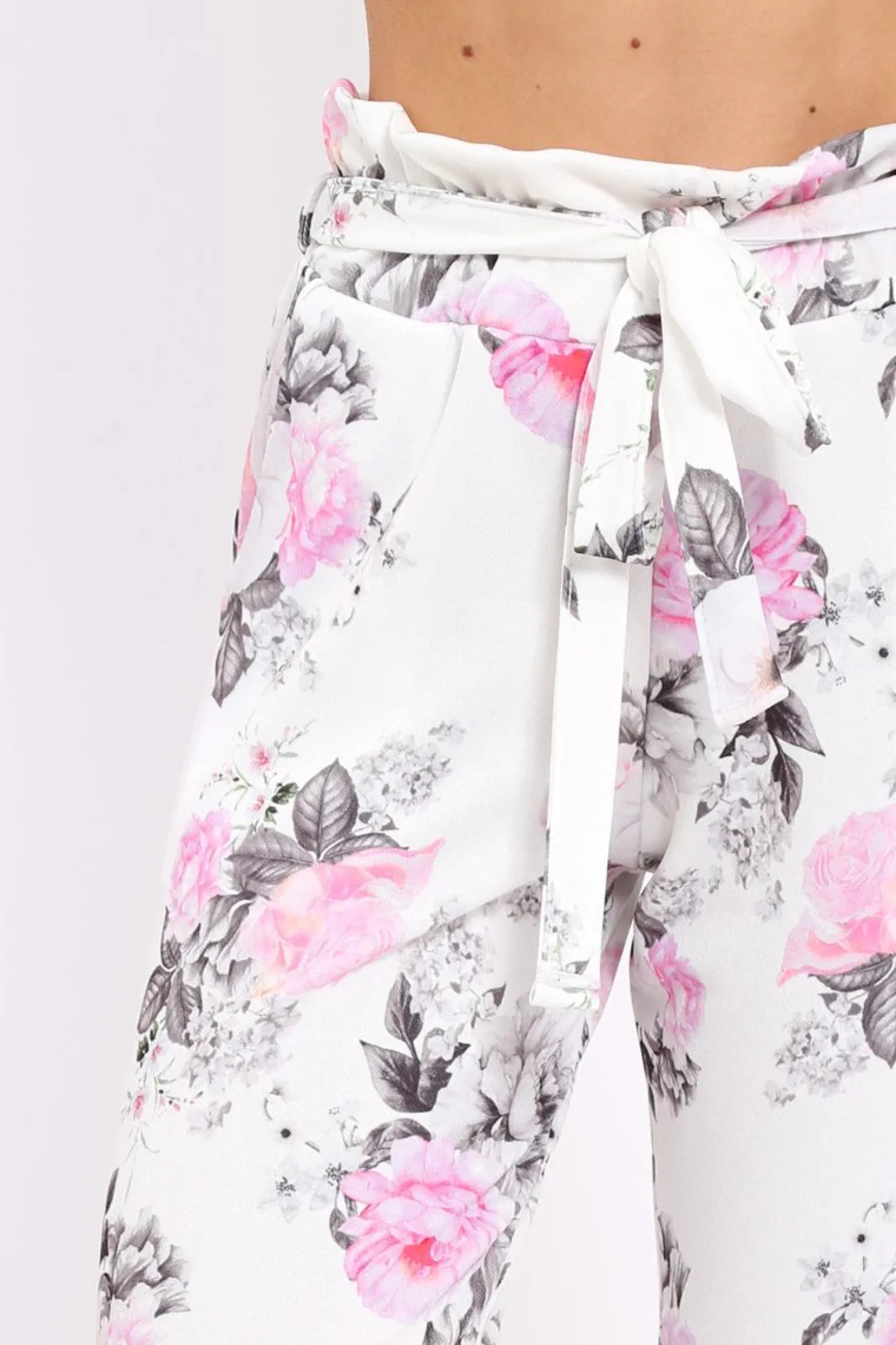 Rebellious Fashion White Floral Paper Bag Tie Waist Cigarette Trousers - Jana