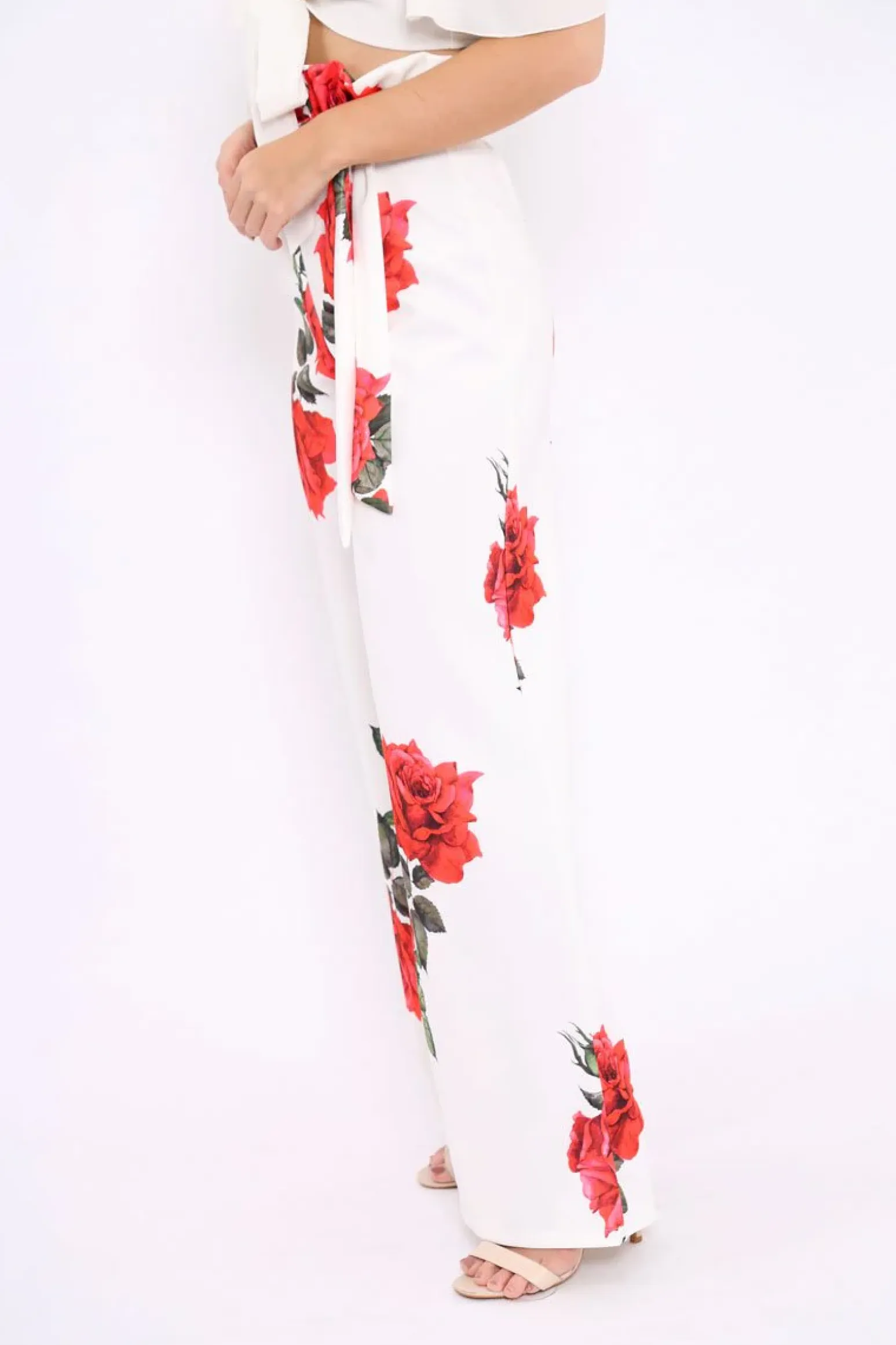 Rebellious Fashion White Floral Paper Bag Tie Waist Wide Leg Trousers - Kennedy