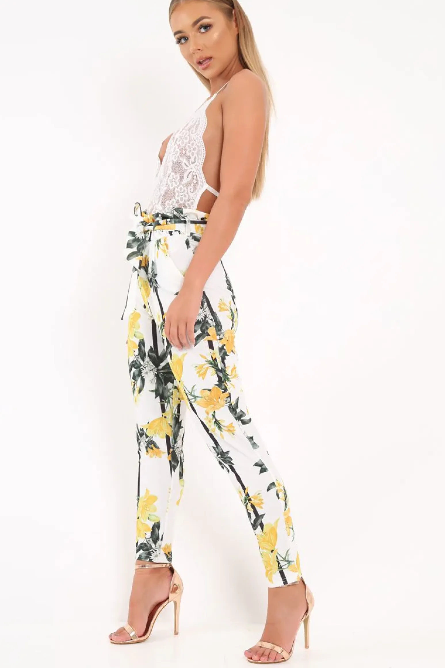 Rebellious Fashion White Floral Paper Bag Waist Trousers - Hadden
