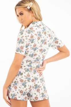 Rebellious Fashion White Floral Plunge Belted Playsuit - Sway