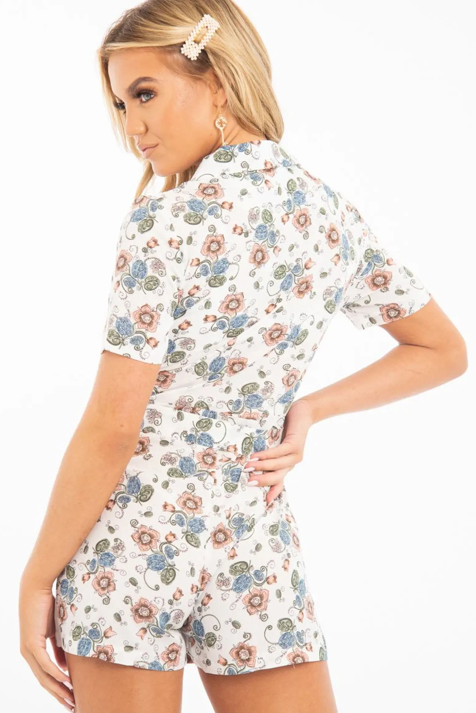 Rebellious Fashion White Floral Plunge Belted Playsuit - Sway