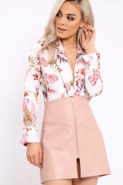 Rebellious Fashion White Floral Plunge Satin Bodysuit - Rebeka