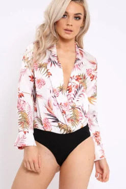 Rebellious Fashion White Floral Plunge Satin Bodysuit - Rebeka