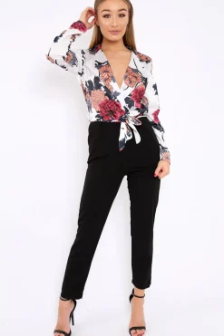 Rebellious Fashion White Floral Plunge Satin Wrap Front Jumpsuit - Talulah