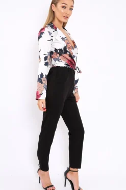 Rebellious Fashion White Floral Plunge Satin Wrap Front Jumpsuit - Talulah
