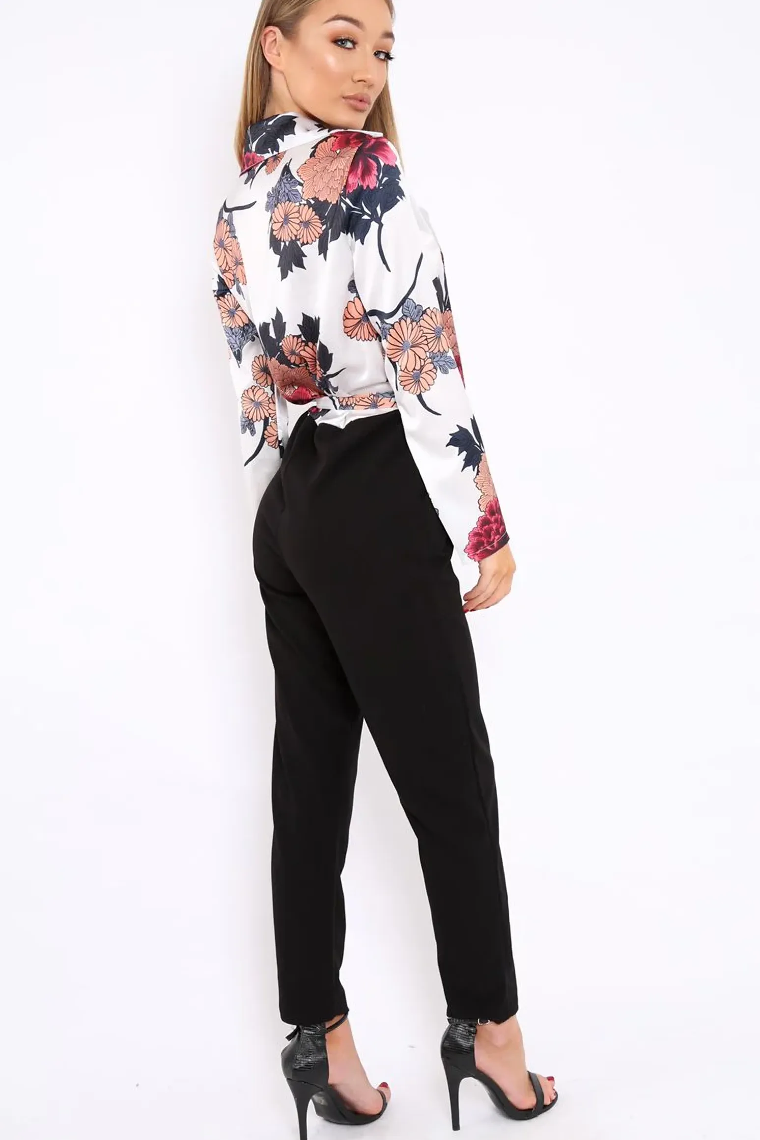 Rebellious Fashion White Floral Plunge Satin Wrap Front Jumpsuit - Talulah
