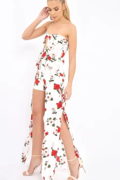 Rebellious Fashion White Floral Print Bandeau Frill Detail Crop Top - Brandi