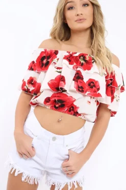 Rebellious Fashion White Floral Print Bardot Frill Crop Top - Caris