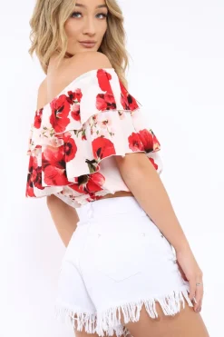Rebellious Fashion White Floral Print Bardot Frill Crop Top - Caris