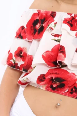 Rebellious Fashion White Floral Print Bardot Frill Crop Top - Caris