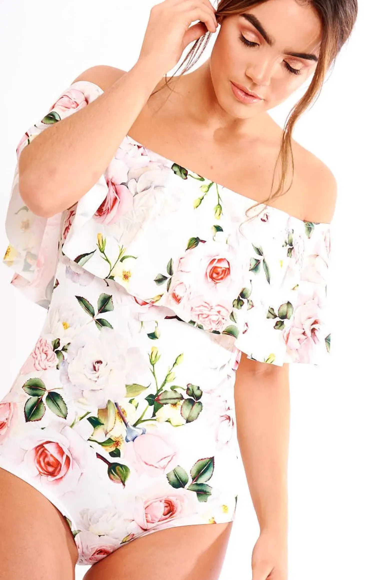 Rebellious Fashion White Floral Print Bardot Frill Bodysuit - Mylene