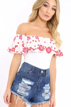 Rebellious Fashion White Floral Print Bardot Frill Bodysuit - Klaudia