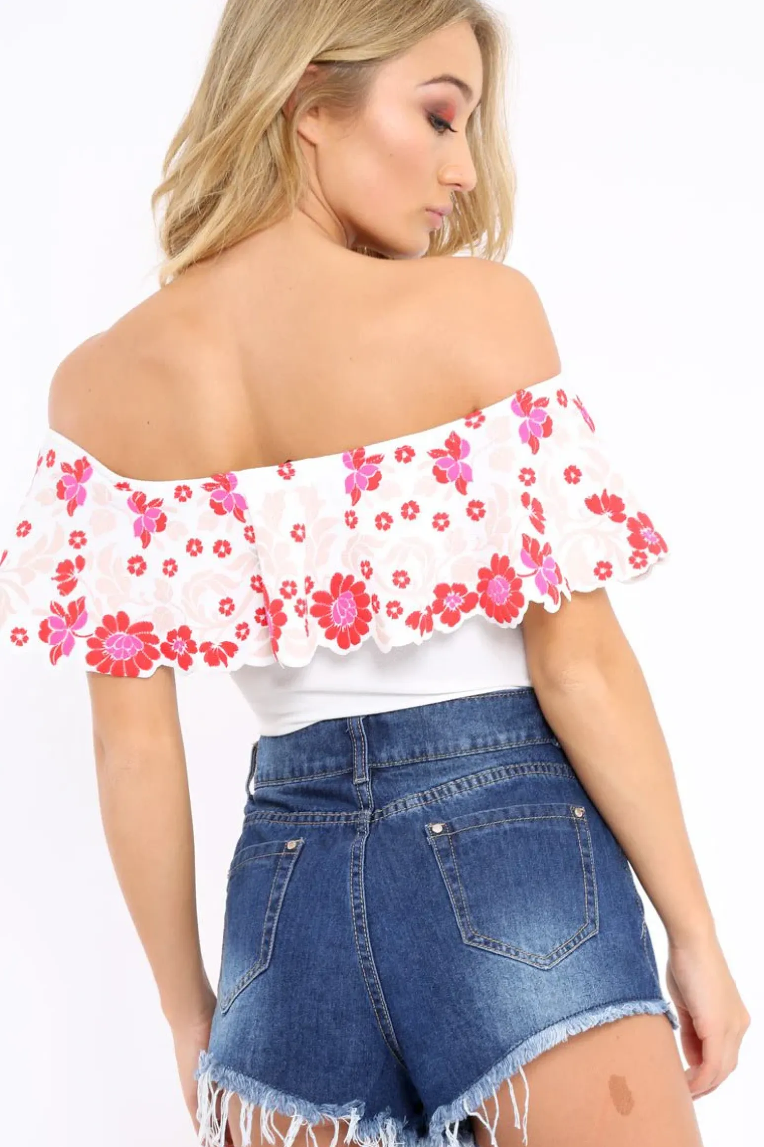 Rebellious Fashion White Floral Print Bardot Frill Bodysuit - Klaudia