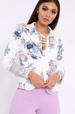 Rebellious Fashion White Floral Print Blazer - Carys