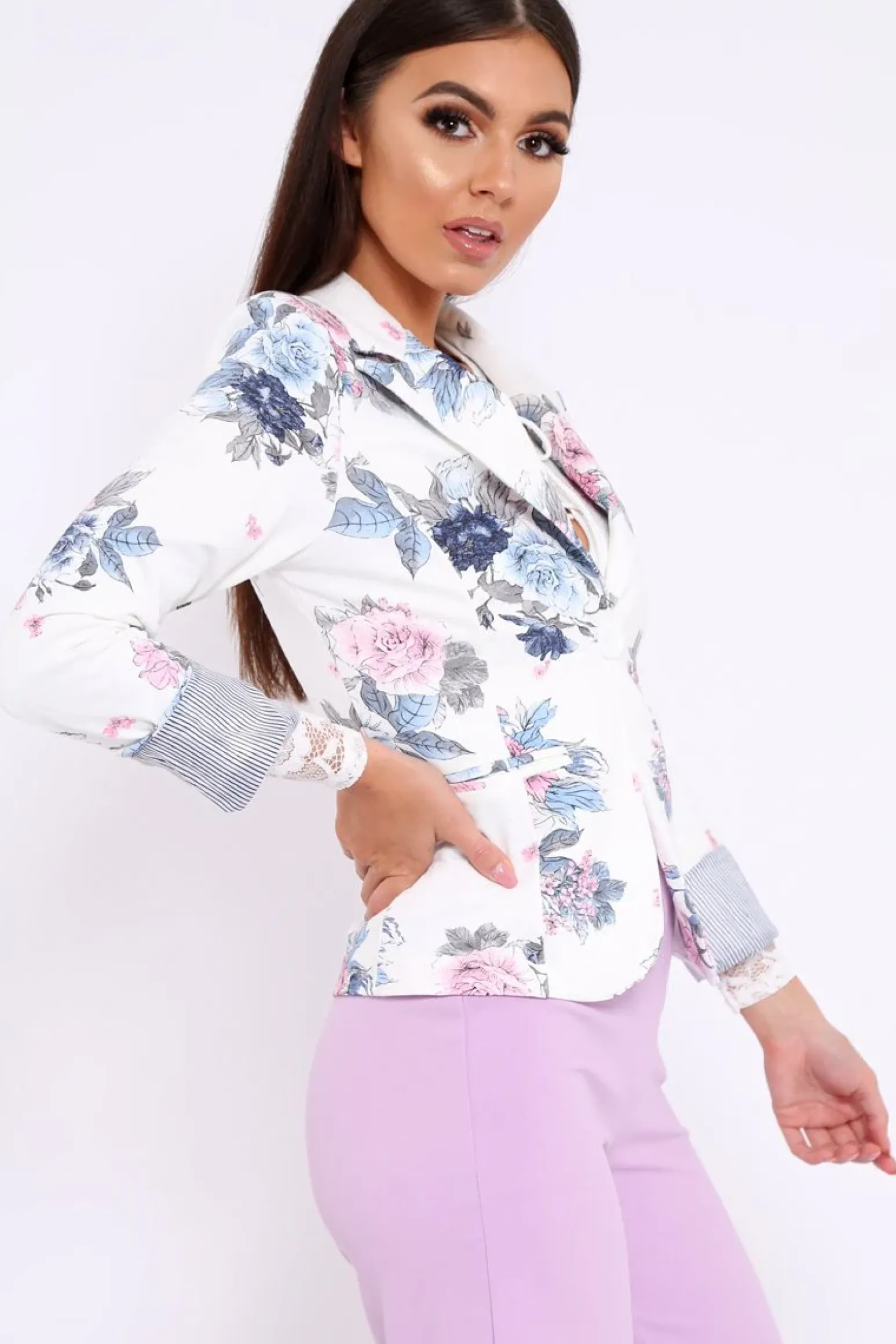 Rebellious Fashion White Floral Print Blazer - Carys
