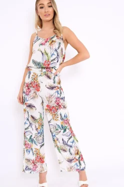 Rebellious Fashion White Floral Print Cami and Trousers Co-ord - Cassidi