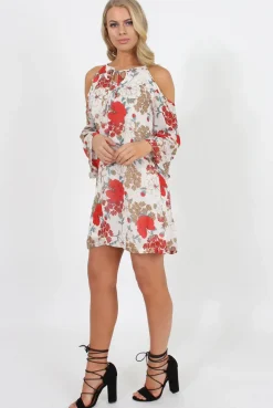 Rebellious Fashion White Floral Print Cold Shoulder Dress - Penelope