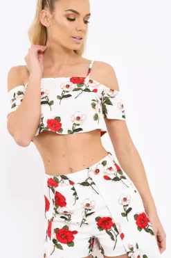 Rebellious Fashion White Floral Print Cold Shoulder Frill Crop Top - Mandi