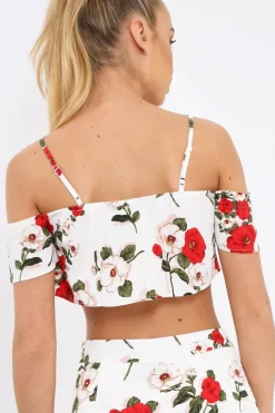 Rebellious Fashion White Floral Print Cold Shoulder Frill Crop Top - Mandi