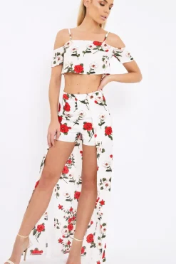 Rebellious Fashion White Floral Print Cold Shoulder Frill Crop Top - Mandi