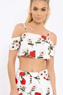 Rebellious Fashion White Floral Print Cold Shoulder Frill Crop Top - Mandi
