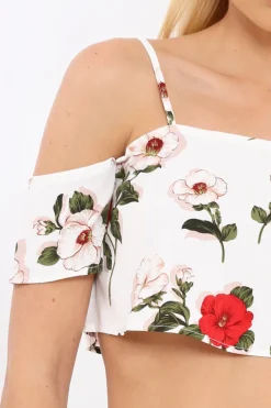 Rebellious Fashion White Floral Print Cold Shoulder Frill Crop Top - Mandi