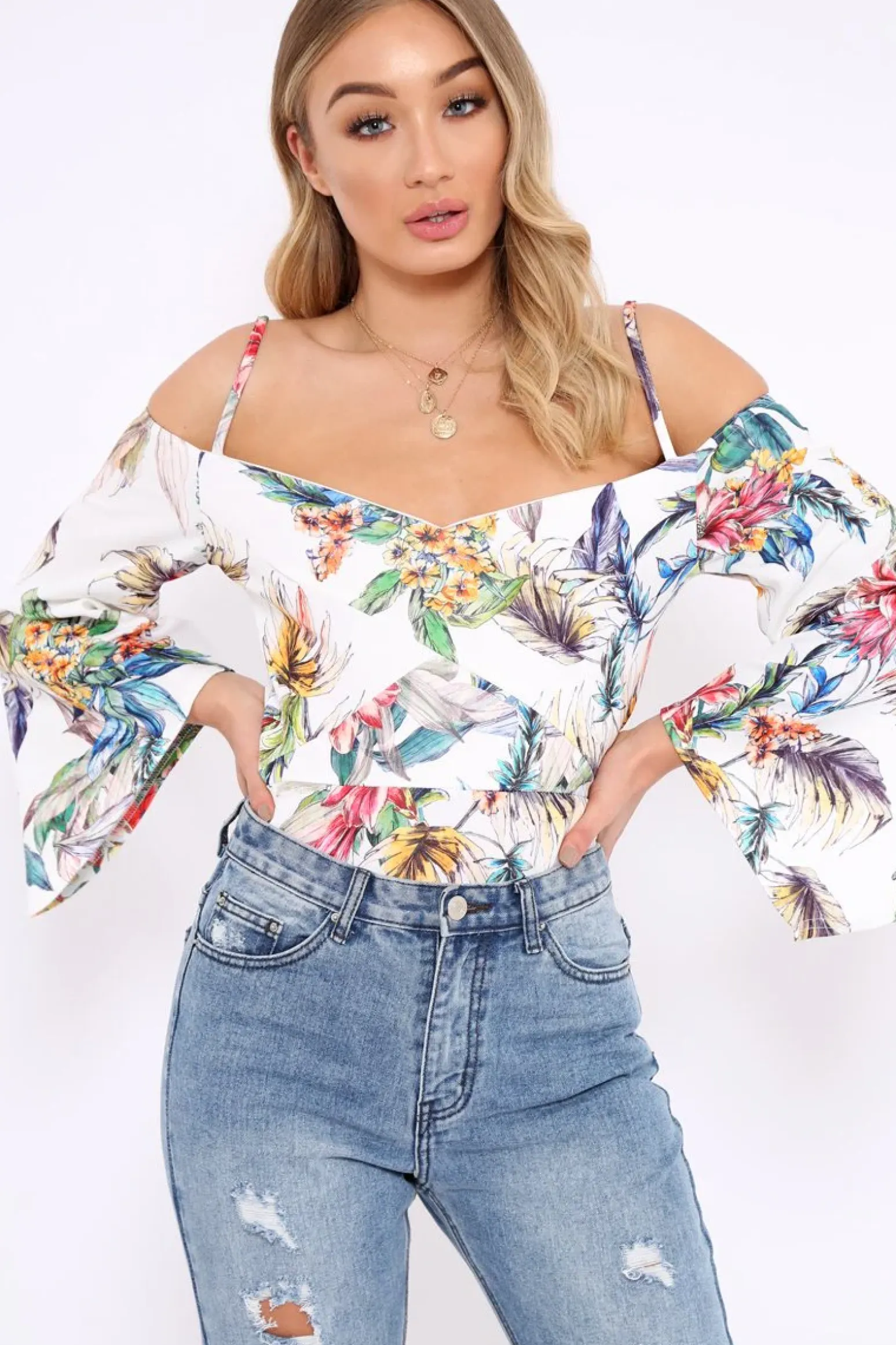 Rebellious Fashion White Floral Print Cold Shoulder Bodysuit - Abiela