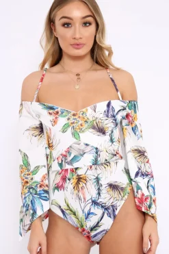 Rebellious Fashion White Floral Print Cold Shoulder Bodysuit - Abiela