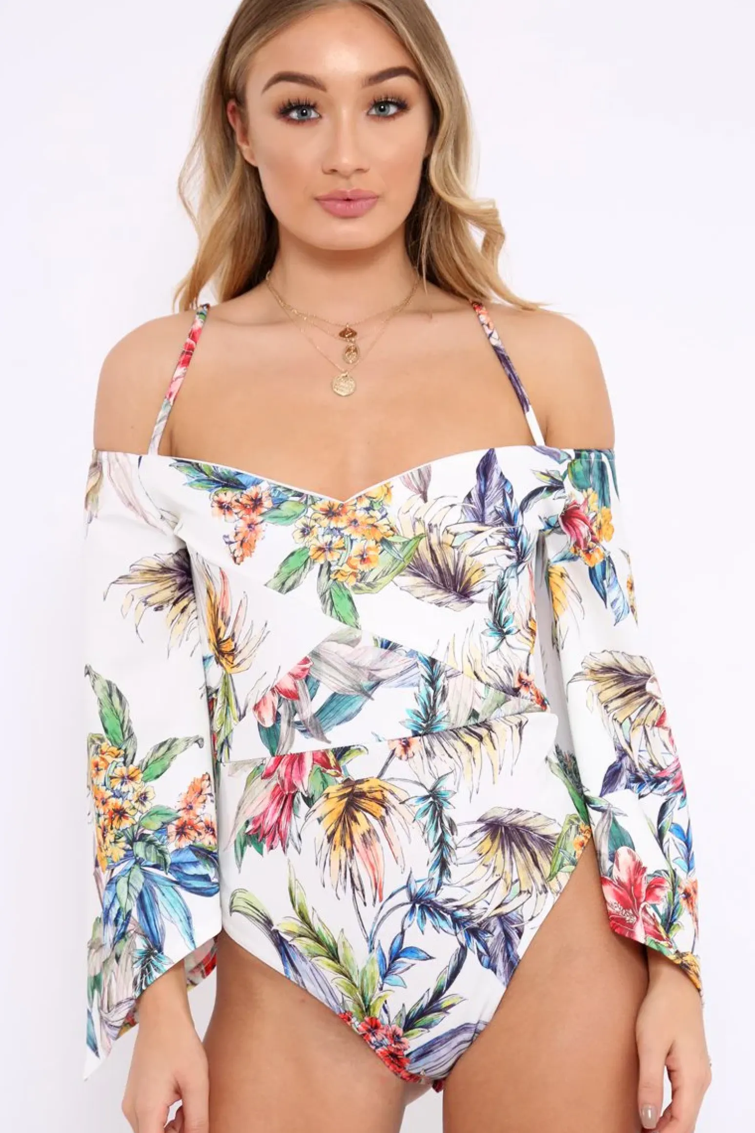 Rebellious Fashion White Floral Print Cold Shoulder Bodysuit - Abiela