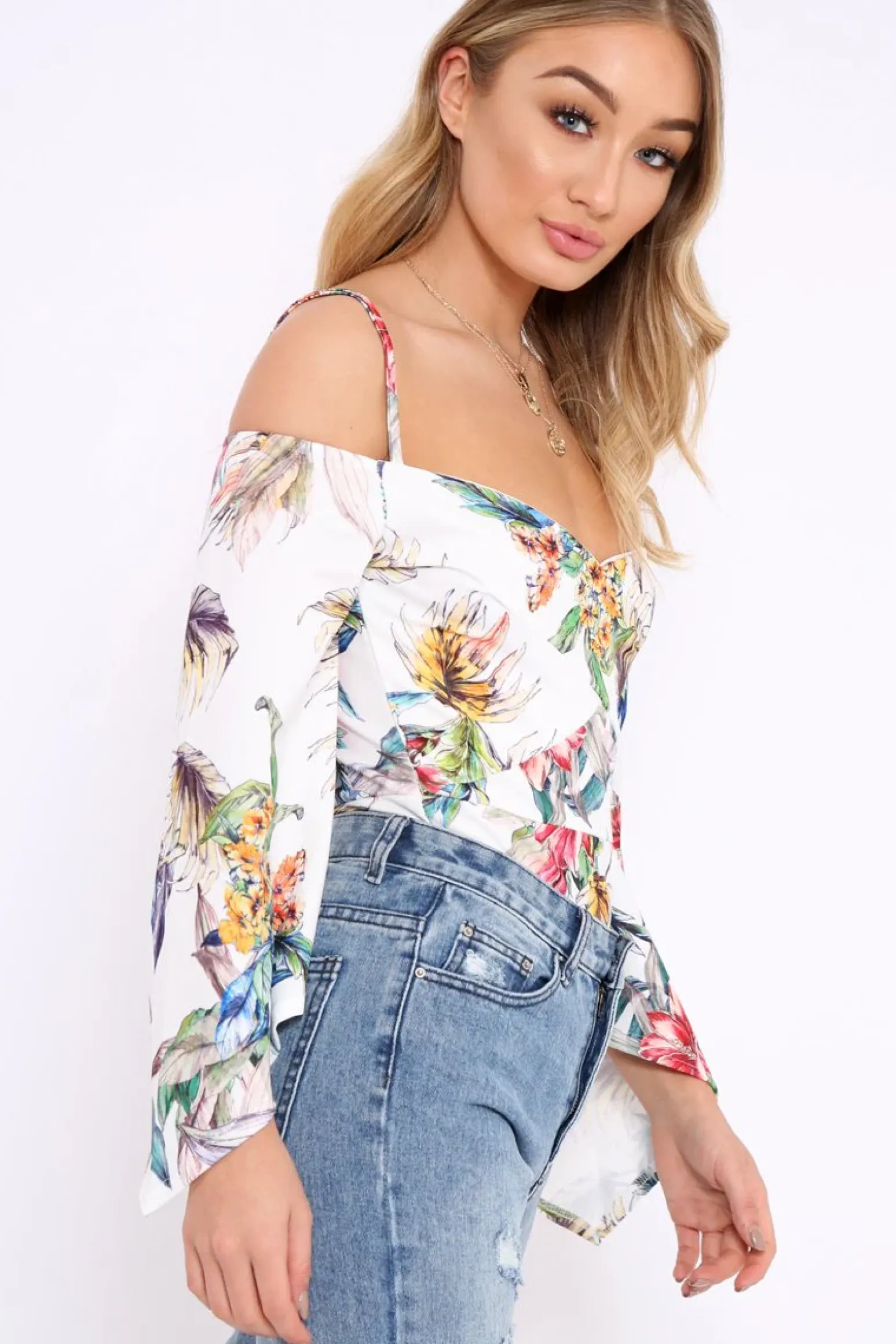 Rebellious Fashion White Floral Print Cold Shoulder Bodysuit - Abiela