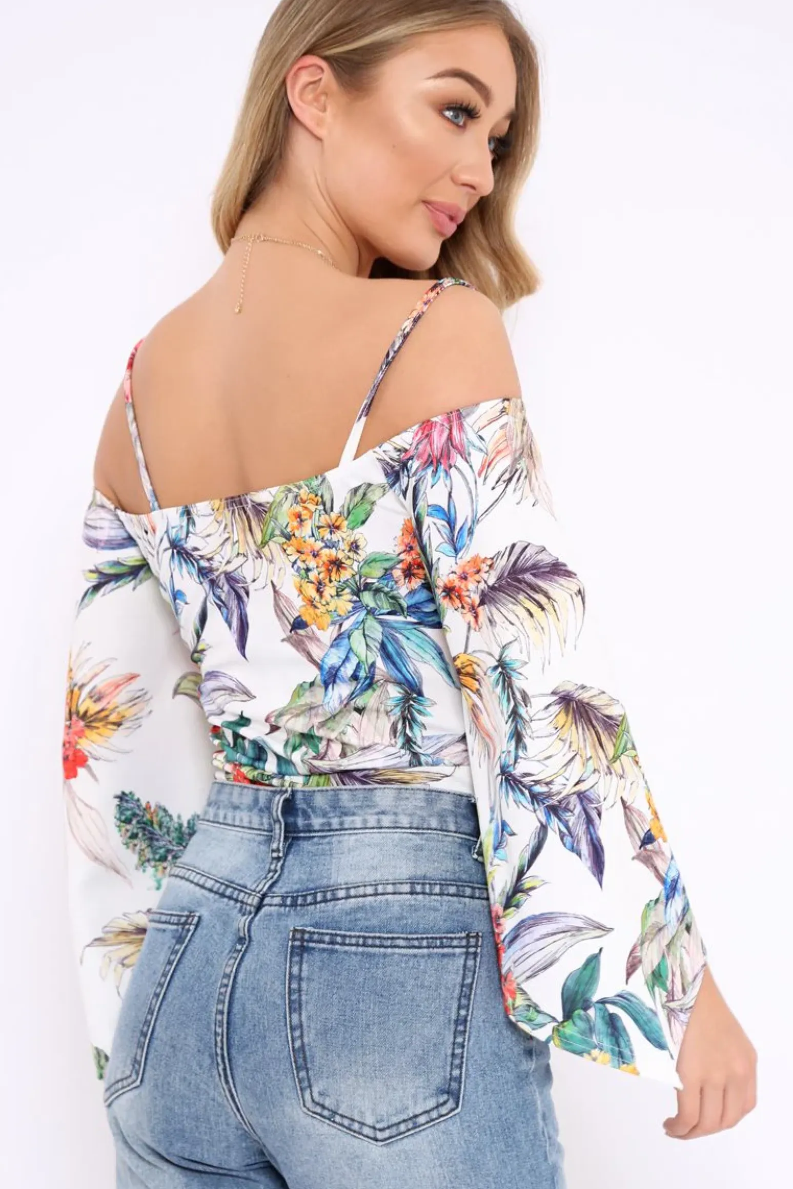 Rebellious Fashion White Floral Print Cold Shoulder Bodysuit - Abiela