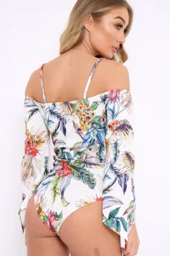 Rebellious Fashion White Floral Print Cold Shoulder Bodysuit - Abiela