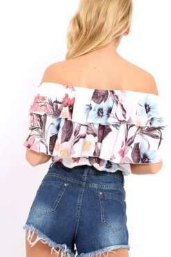 Rebellious Fashion White Floral Print Frill Bardot Crop Top - Pollie