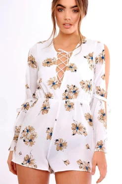 Rebellious Fashion White Floral Print Lace Up Playsuit - Courtney