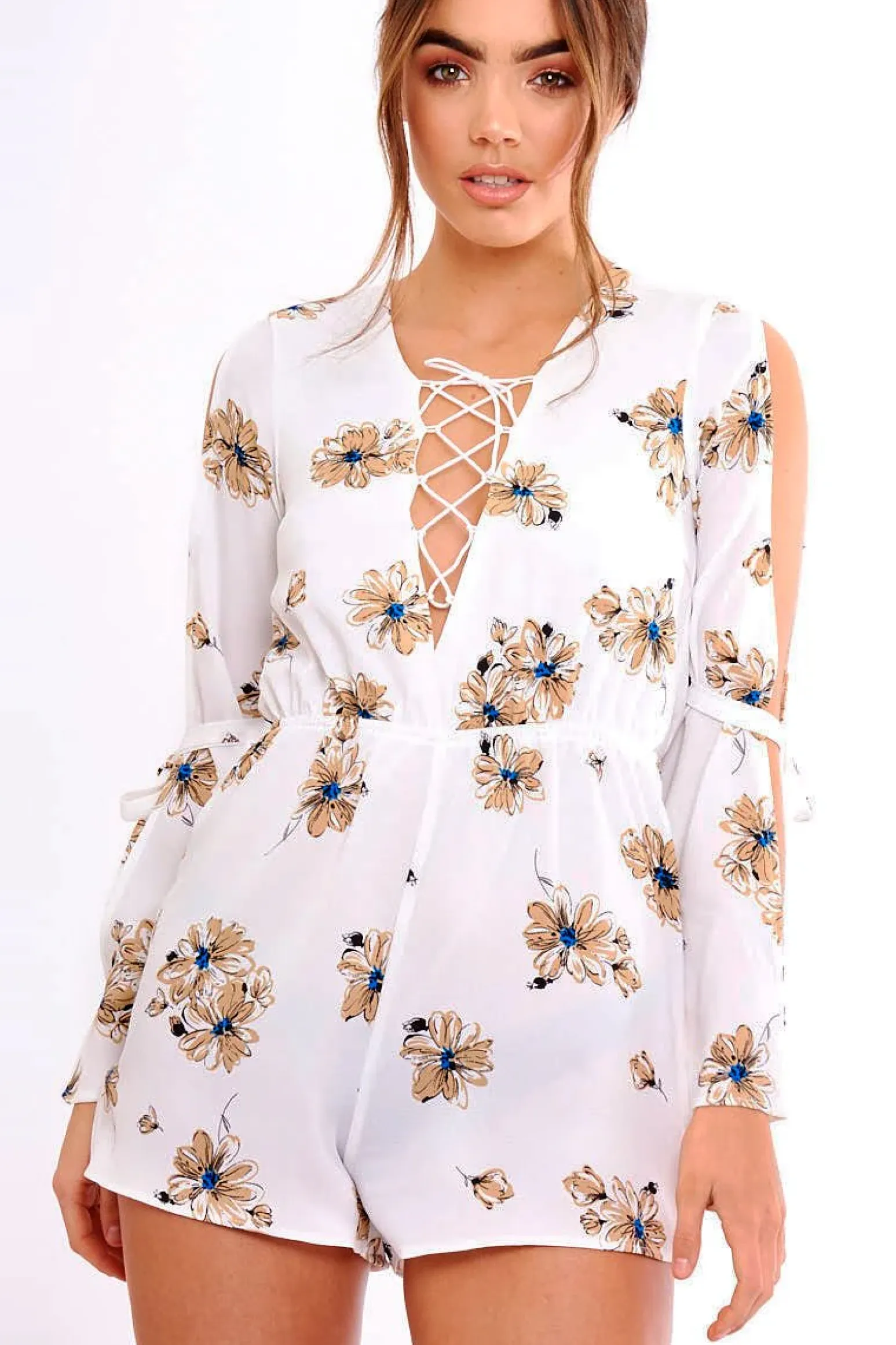 Rebellious Fashion White Floral Print Lace Up Playsuit - Courtney
