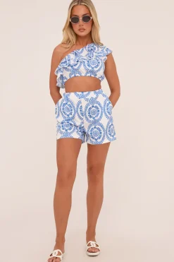 Rebellious Fashion White Floral Print One Shoulder Crop Top & Shorts Co-ord Set - Summer