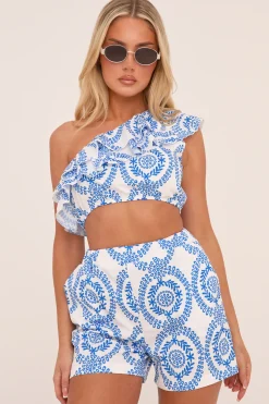Rebellious Fashion White Floral Print One Shoulder Crop Top & Shorts Co-ord Set - Summer