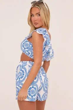 Rebellious Fashion White Floral Print One Shoulder Crop Top & Shorts Co-ord Set - Summer