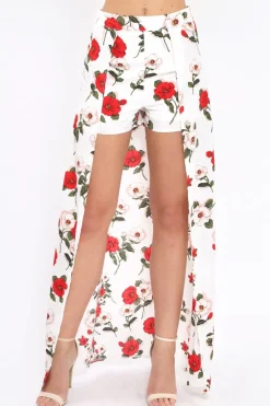 Rebellious Fashion White Floral Print Split Maxi Skirt With Shorts - Kandi